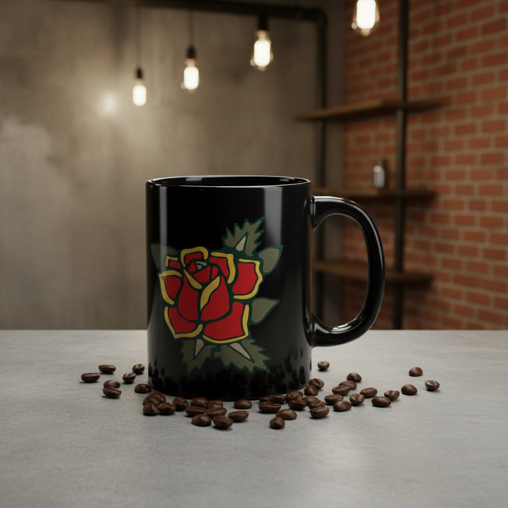 Red Rose Tattoo Black Coffee Mug — 11oz Floral Retro Design - Pilgrym Supply Co.