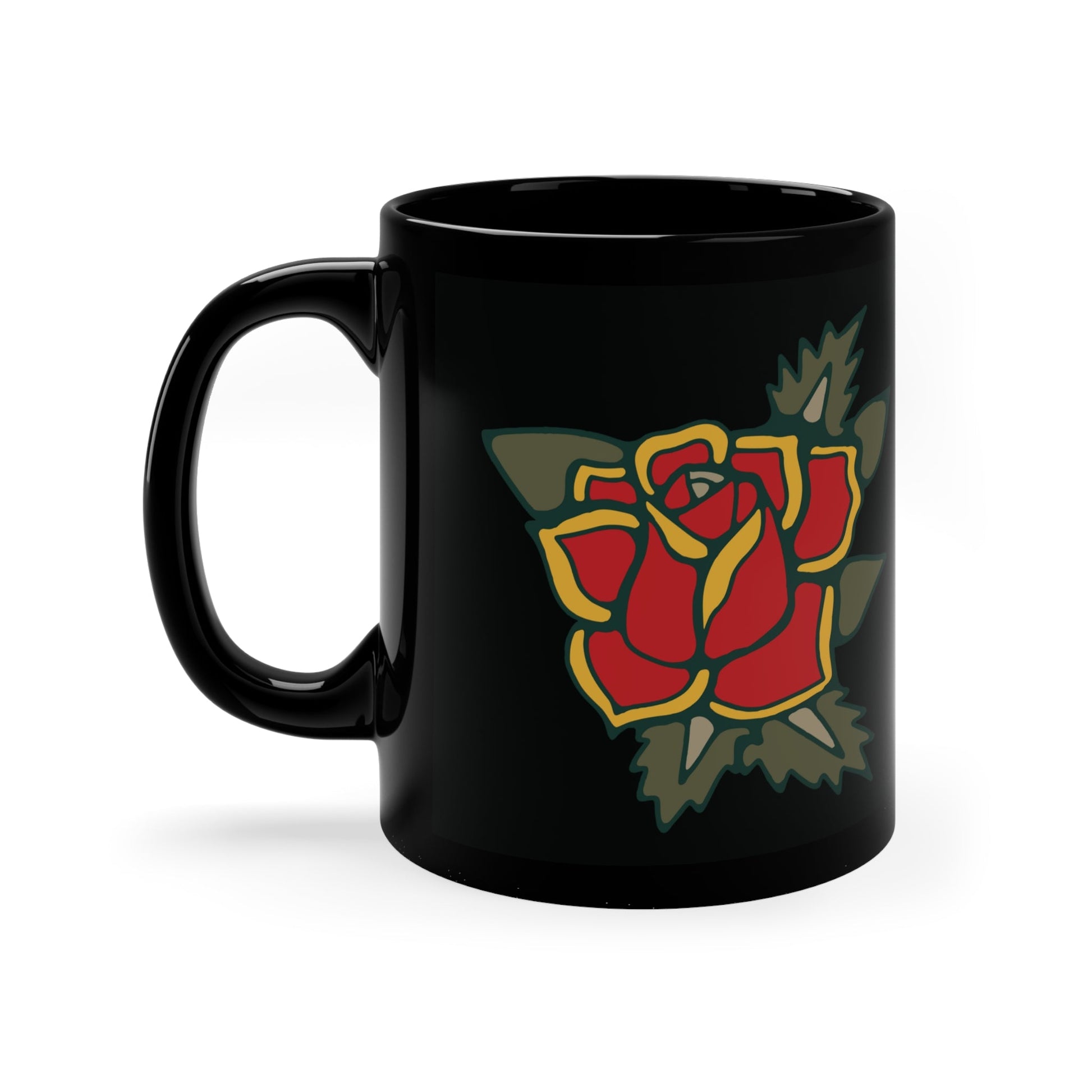 Red Rose Tattoo Black Coffee Mug — 11oz Floral Retro Design - Pilgrym Supply Co.
