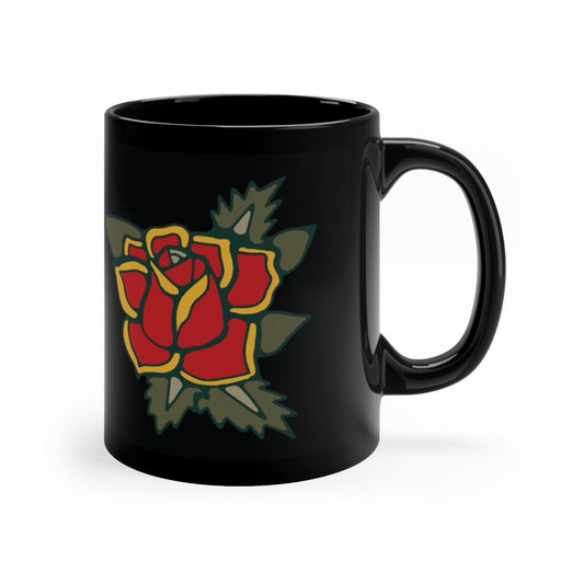 Red Rose Tattoo Black Coffee Mug — 11oz Floral Retro Design - Pilgrym Supply Co.