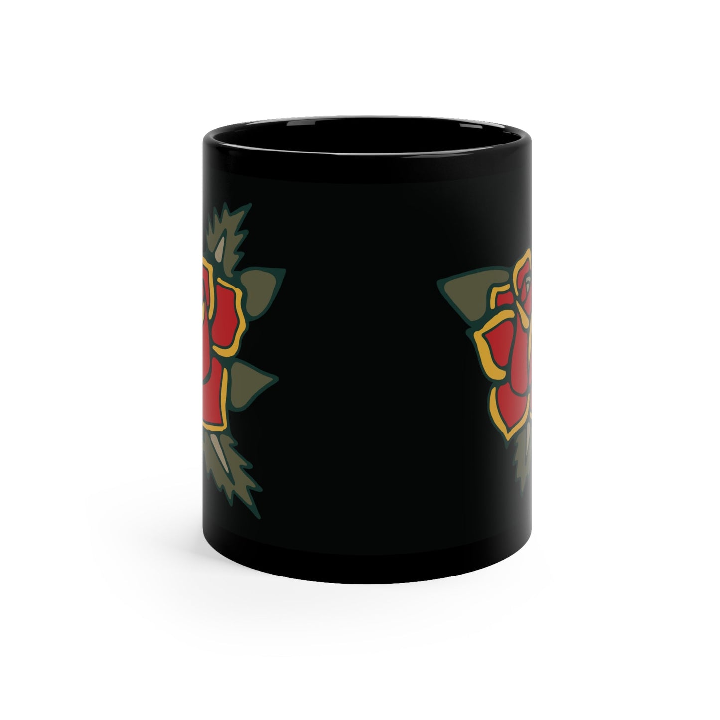 Red Rose Tattoo Black Coffee Mug — 11oz Floral Retro Design - Pilgrym Supply Co.