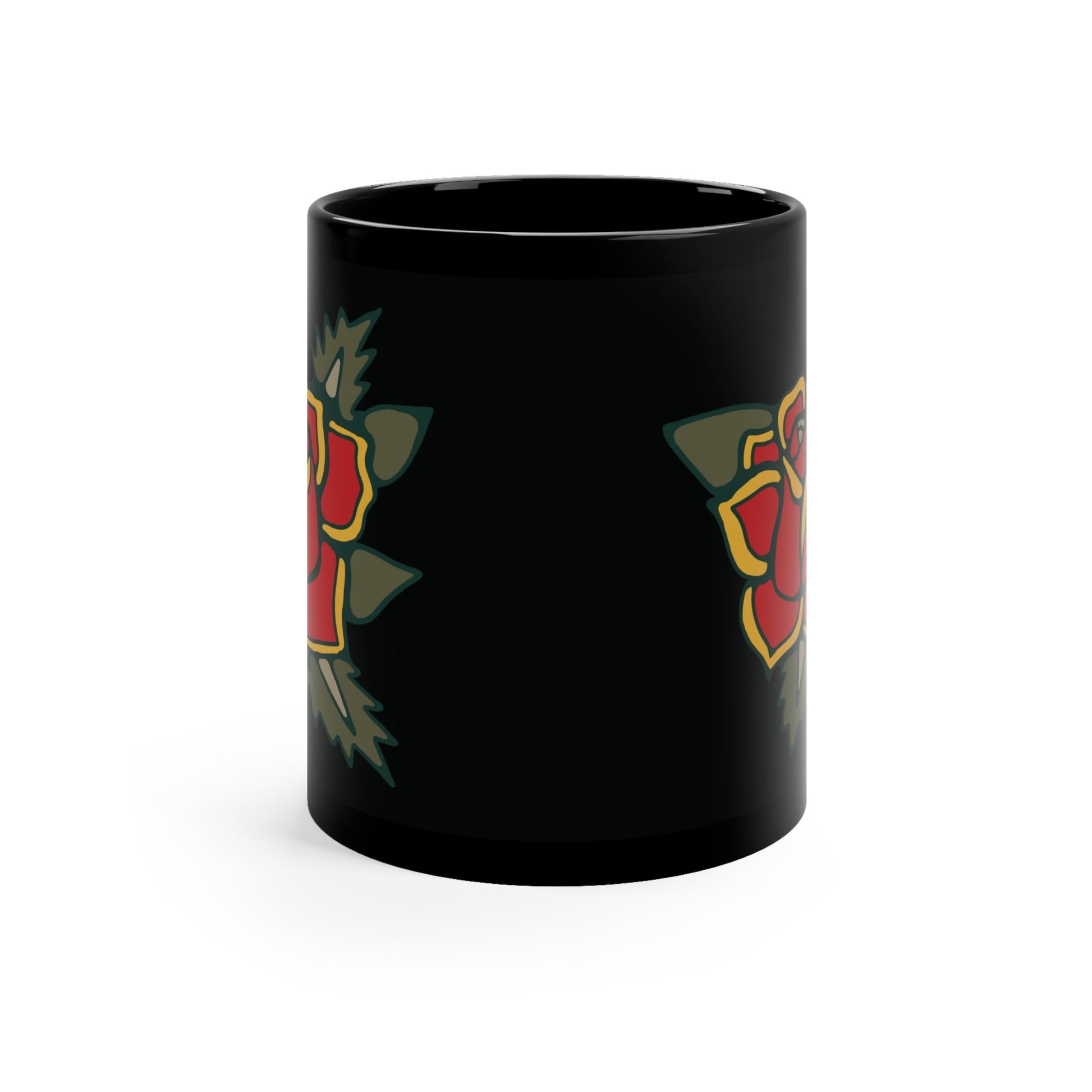 Red Rose Tattoo Black Coffee Mug — 11oz Floral Retro Design - Pilgrym Supply Co.